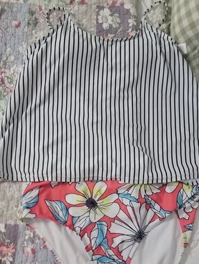 Striped Tankini Top with Floral Bottoms Swim Set